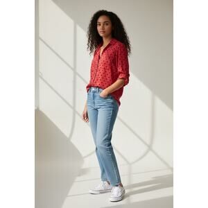 Express Portofino Polka Dot Button Down Roll-Tab Sleeves Slim Top sz M